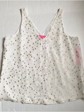 Lilly Pulitzer Silk Sleeveless V-Neck Blouse Top Size L White Gold Polka Dot New